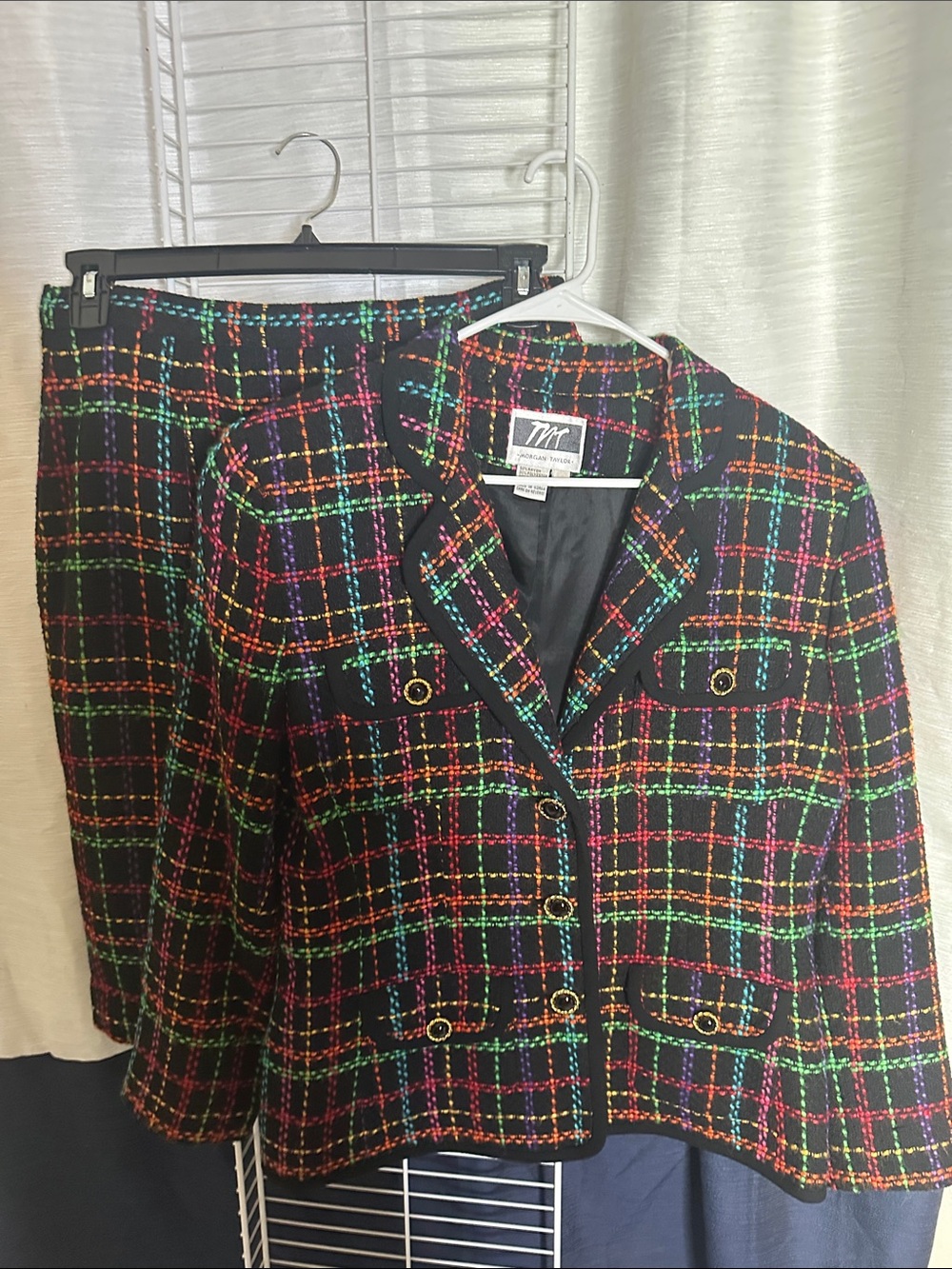 Morgan Taylor Black Tweed Suit with Neon Plaid